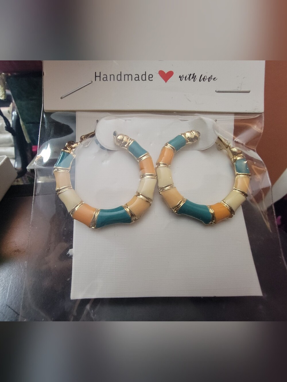 Handmade Gold-Tone Teal, Cream & Peach Bamboo Hoop Earrings